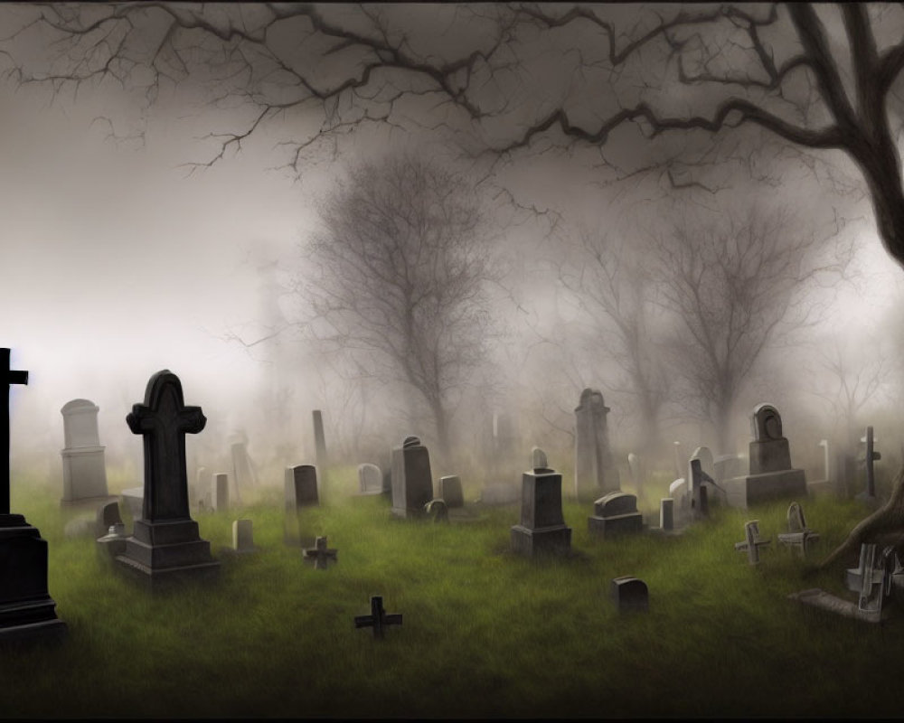 Misty graveyard scene with tombstones, crosses, and bare trees