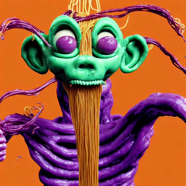 Colorful Creature with Green Skin, Big Ears, Purple Eyes, and Spaghetti Hair on Orange