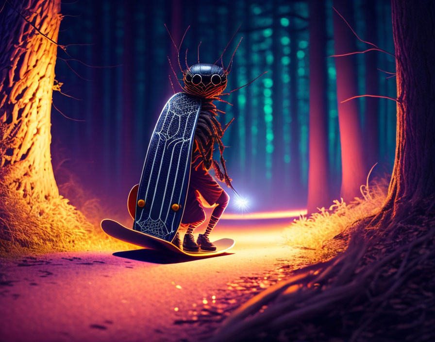 Anthropomorphic cockroach skateboarding in neon-lit forest at night