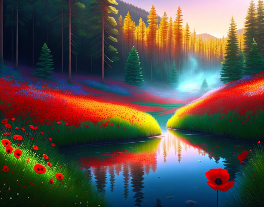 Luminous trees, still lake, red poppies, mystical blue fog landscape