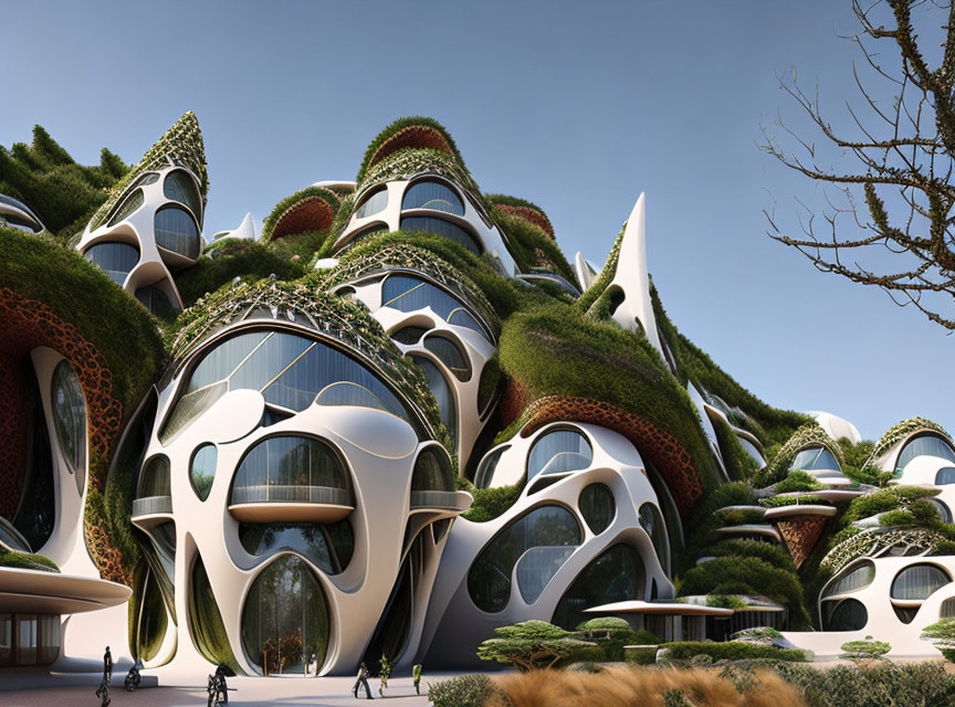 Modern building with organic design, greenery, large windows, and pedestrians.