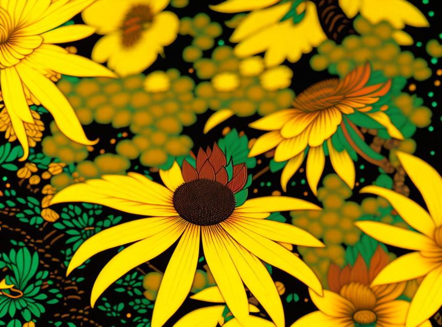 Detailed yellow and orange daisies on dark floral background