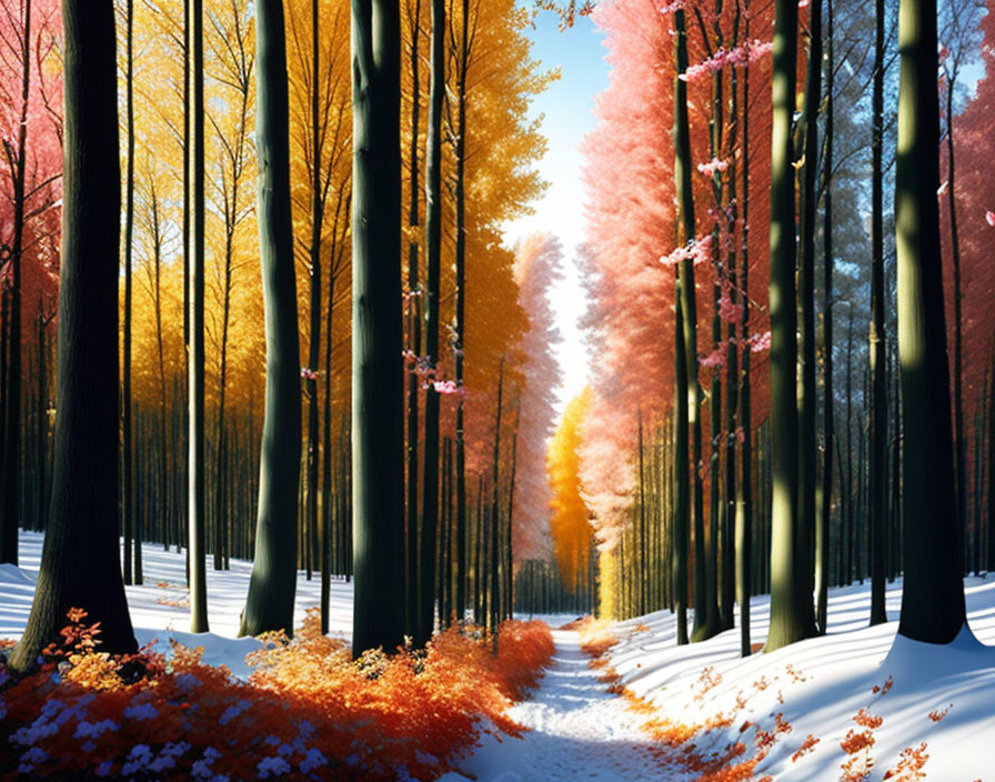 Forest Pathway with Autumn and Winter Seasons Contrast