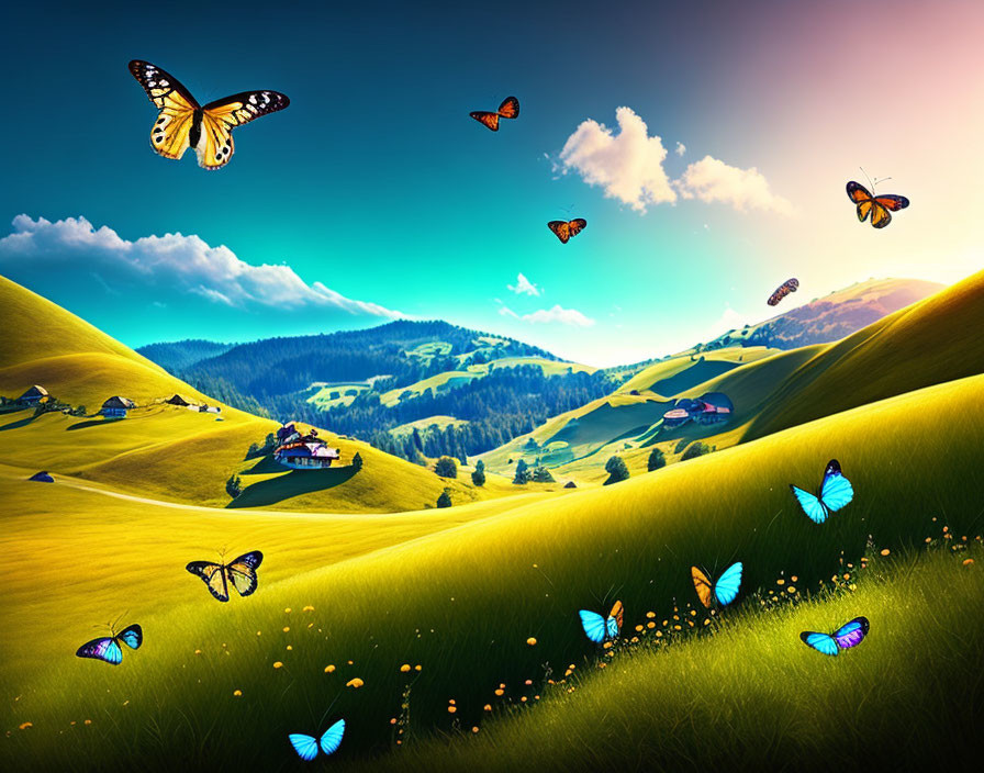 Colorful butterflies in scenic meadow with hills and houses under blue sky