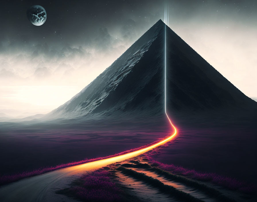 Surreal landscape with luminescent path and dark mountain under night sky