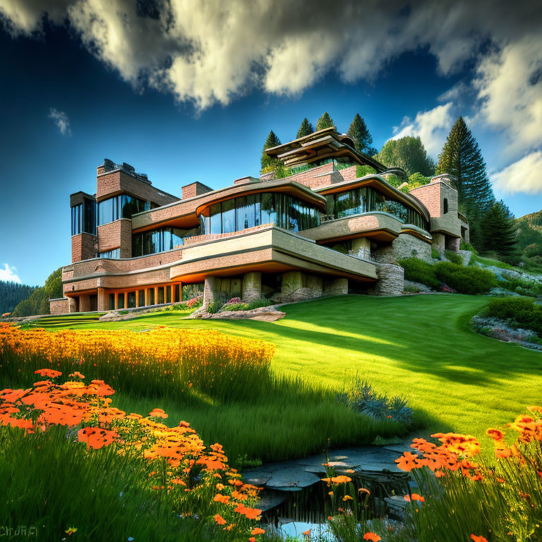 Luxurious multi-tiered house with large glass windows in lush greenery and vibrant orange flowers.