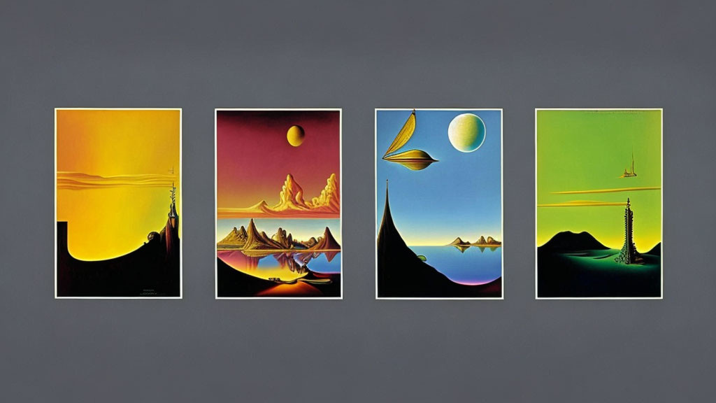 Surreal landscape panels with stark contrasts and celestial elements