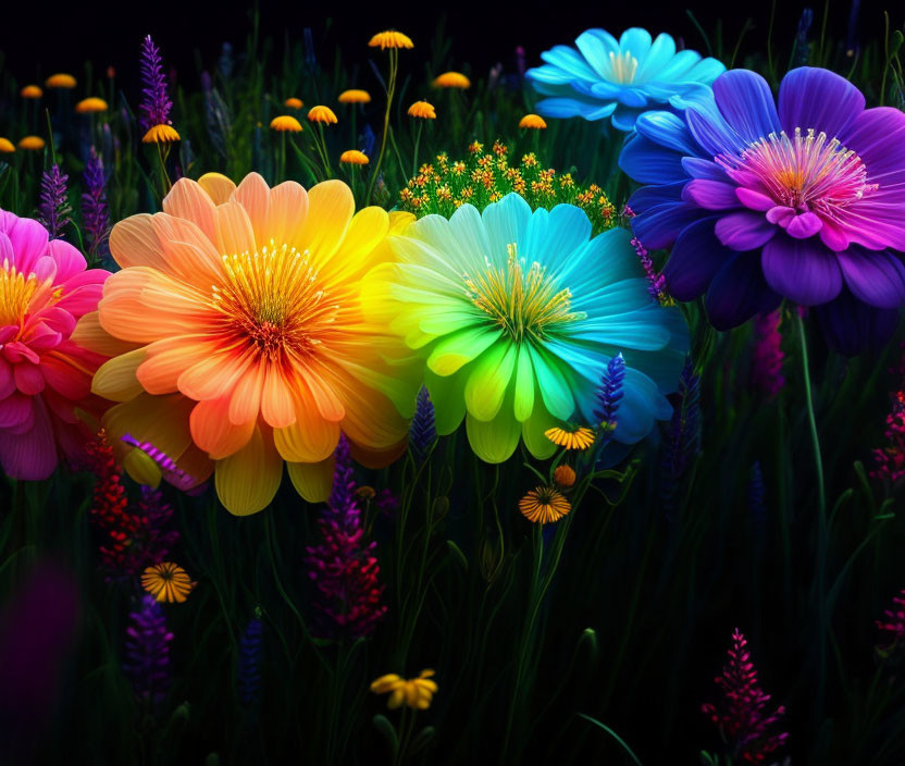 Colorful digitally-enhanced flowers on dark background with wildflowers & foliage