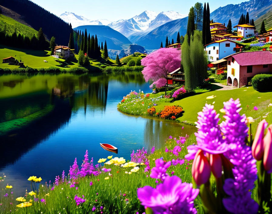 Vibrant flowers, red boat, houses, and mountains by serene lakeside