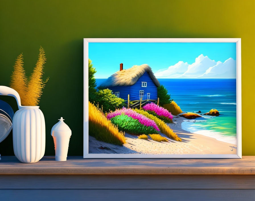 Colorful coastal painting with thatched cottage, flowers, and beach scene on display.