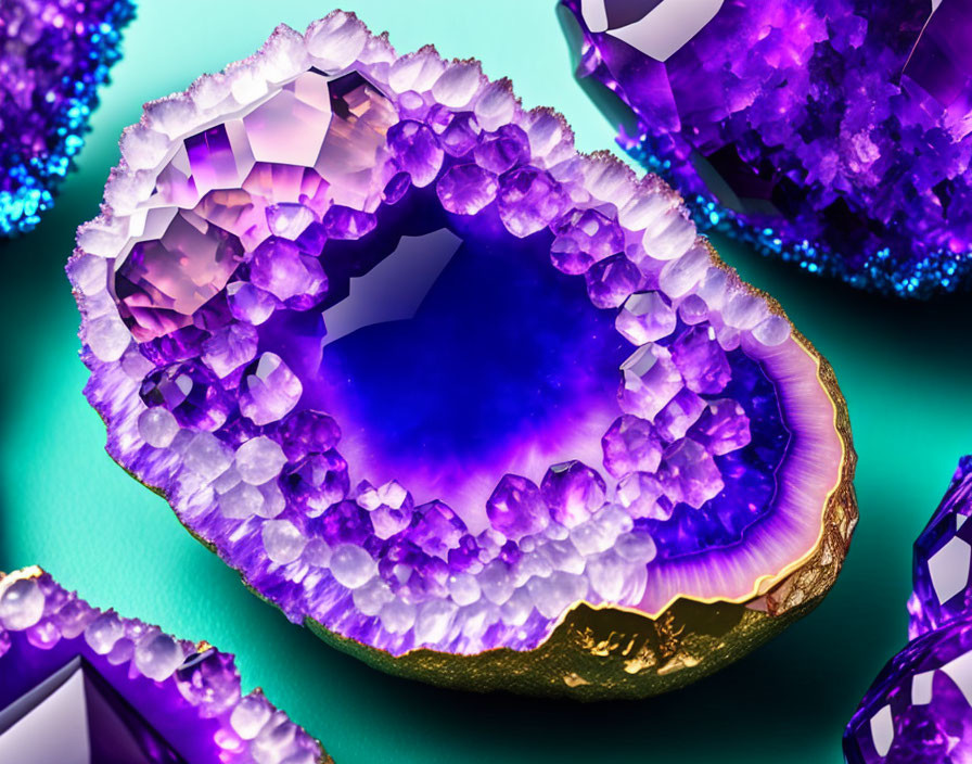 Amethyst geode with purple interior, white crystals, and golden edge on teal background