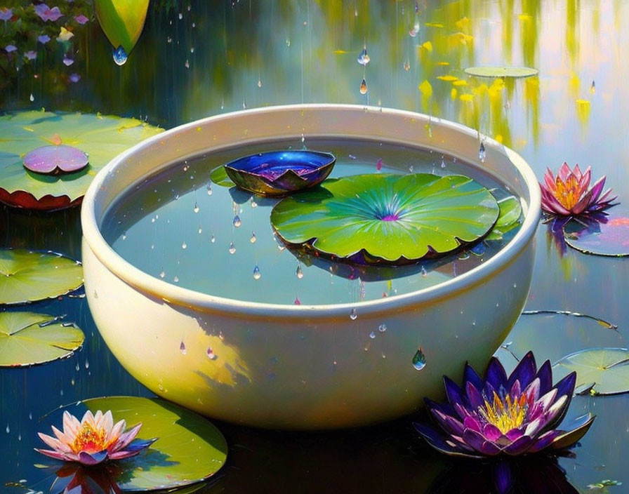 Colorful Lotus Flowers Reflecting in Serene Pond Painting