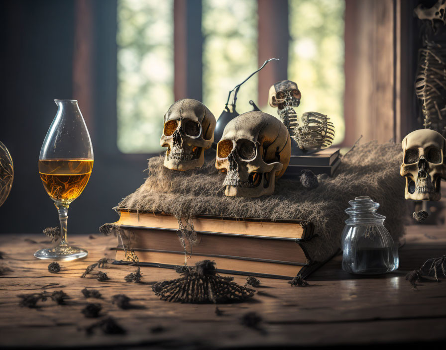 Gothic still life: skulls, old books, amber liquid, dried plants, and skeleton in