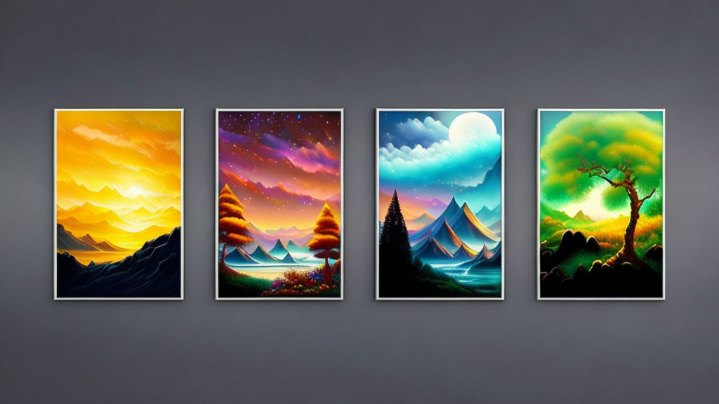 Four Colorful Landscape Paintings Featuring Mountains, Lakes, and Trees on Gray Wall