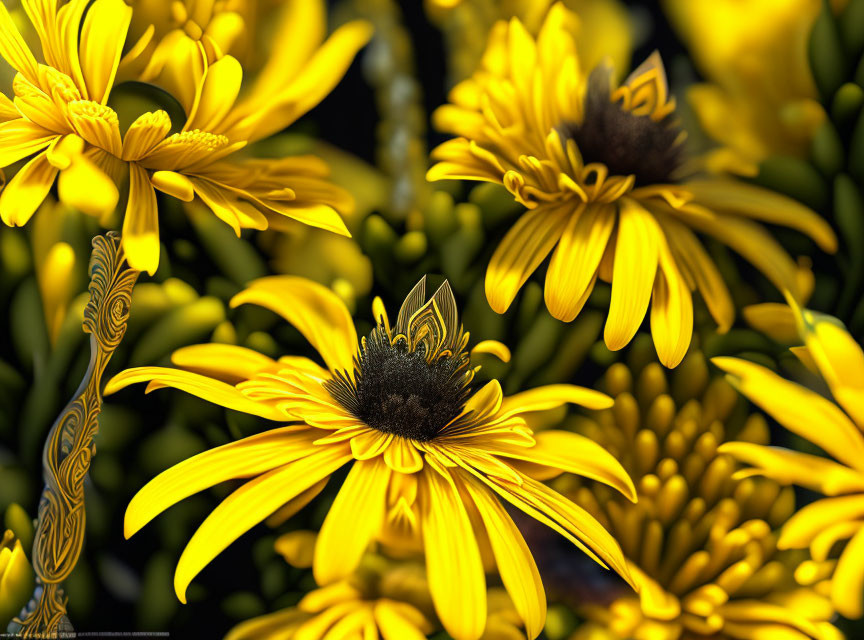 Detailed Close-Up of Vibrant Yellow Flowers with Dark Centers