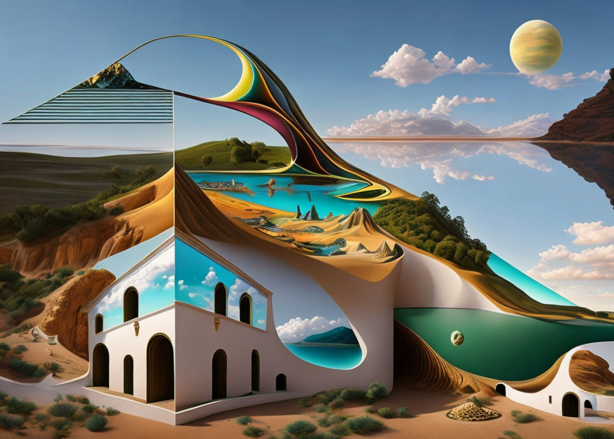 Surreal landscape with optical illusion: white building, desert dunes, pyramid, fluid shapes,