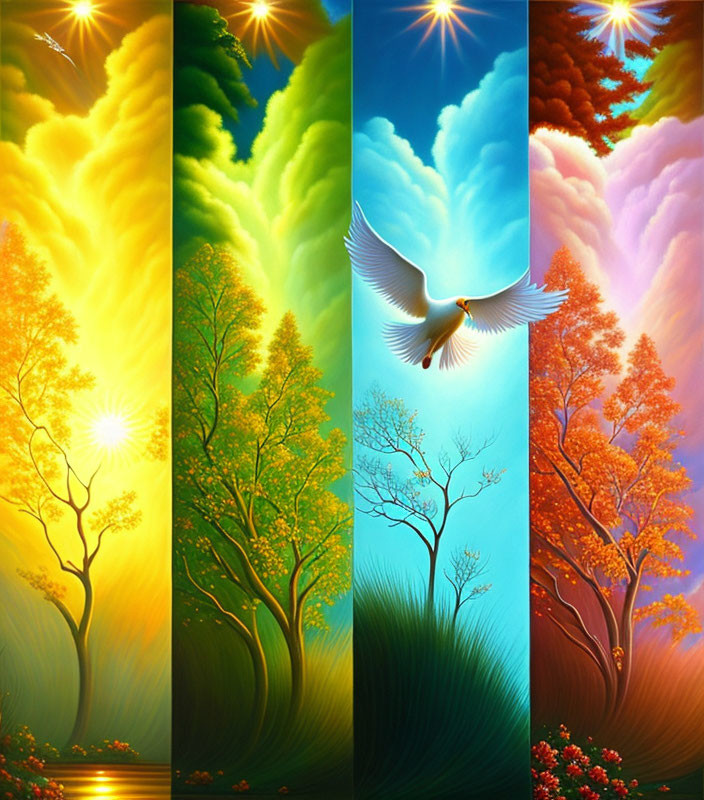 Seasonal Artwork with Symbolic Trees and Dove in Flight