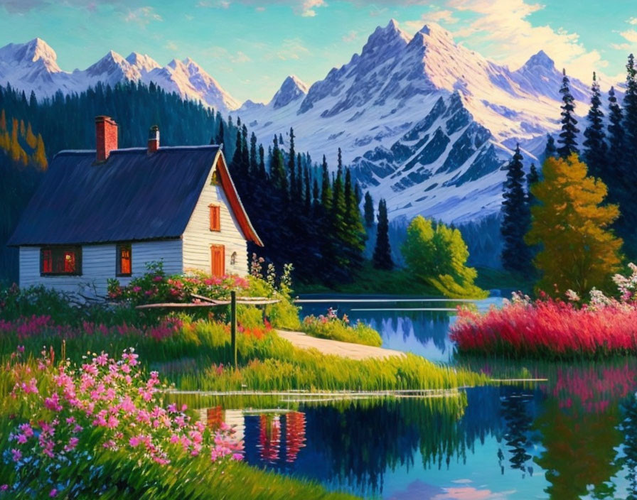 Scenic painting of white house by tranquil lake