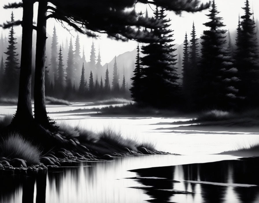 Serene monochrome landscape with lake, pine trees, and misty background