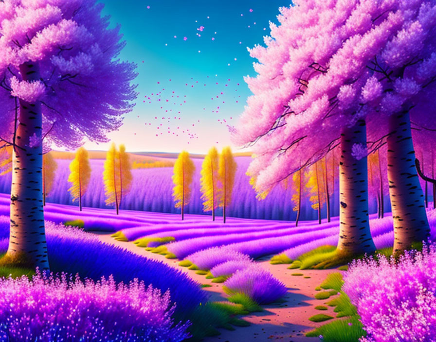 Colorful Fantasy Landscape with Blossoming Trees and Mystical Lights