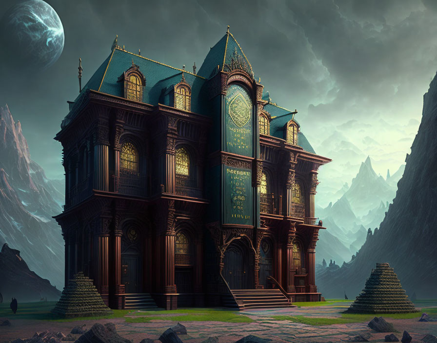 Gothic-style mansion at twilight with mountains, ornate windows, and large moon