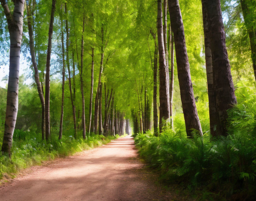 Tranquil forest path with tall trees and lush green foliage