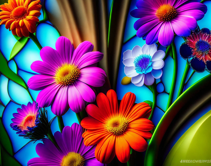 Multicolored flowers with glowing stained glass effect