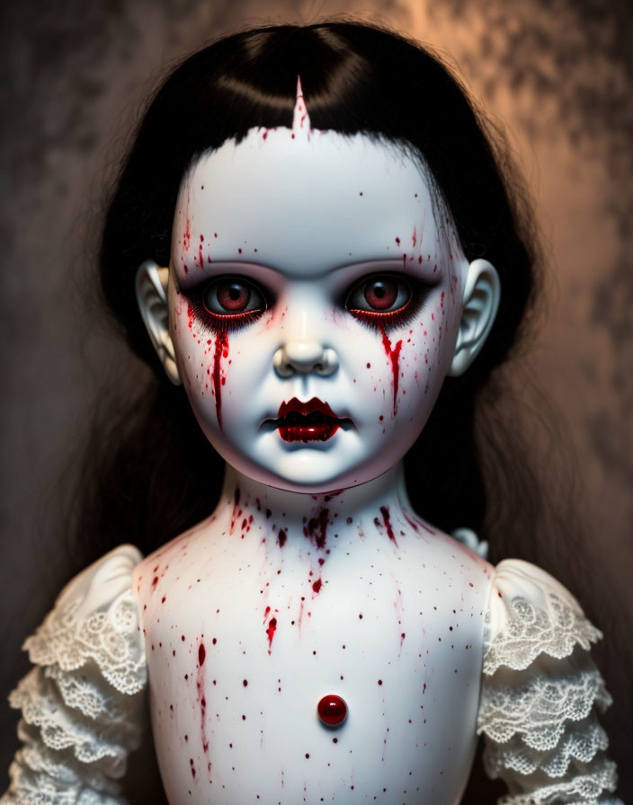 Creepy pale-skinned doll with black hair and red eyes in eerie setting