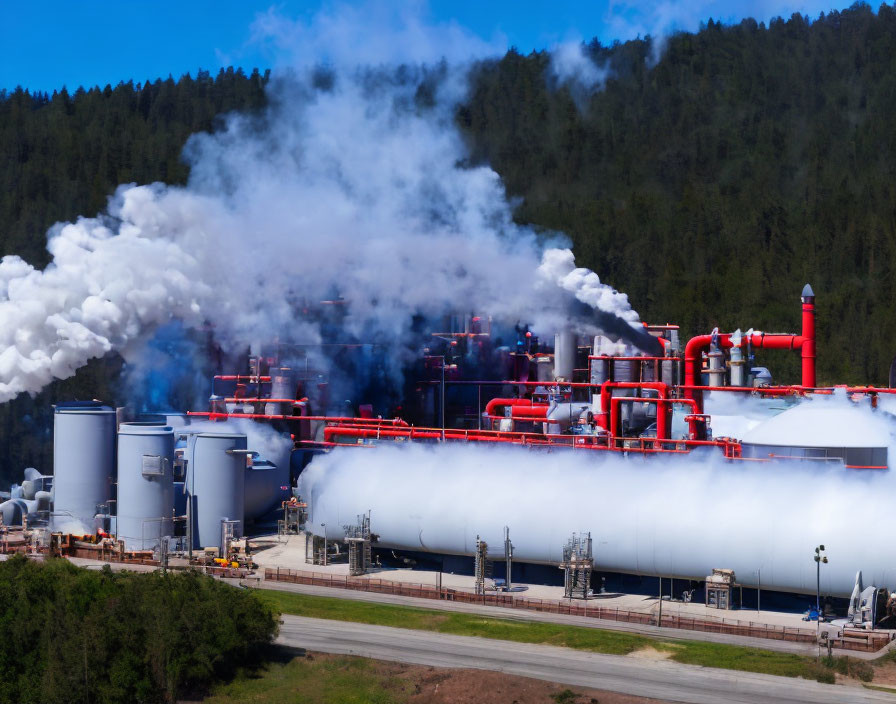 Industrial facility with storage tanks, red piping, emitting white steam in forest landscape