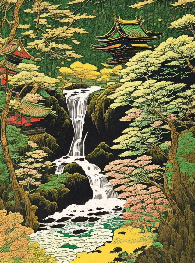 Detailed illustration of cascading waterfall in lush greenery with Asian architecture.