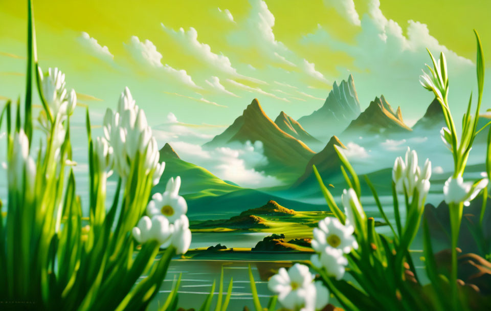 Tranquil landscape with green hills, mountains, lake, and flowers under yellow sky