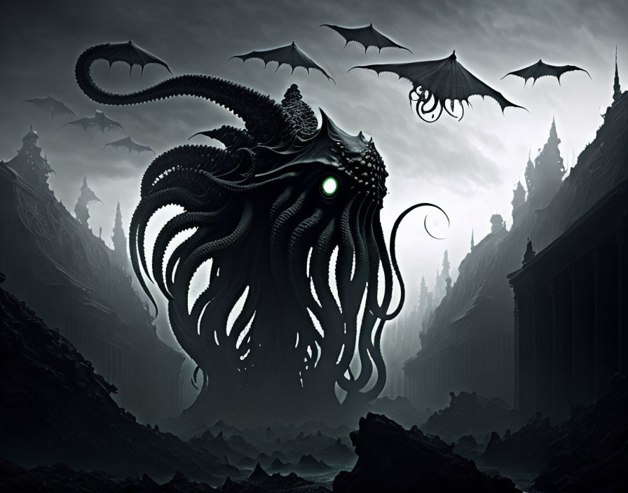 Dark fantasy scene with colossal tentacled creature, glowing eye, flying beasts, and ominous architecture.