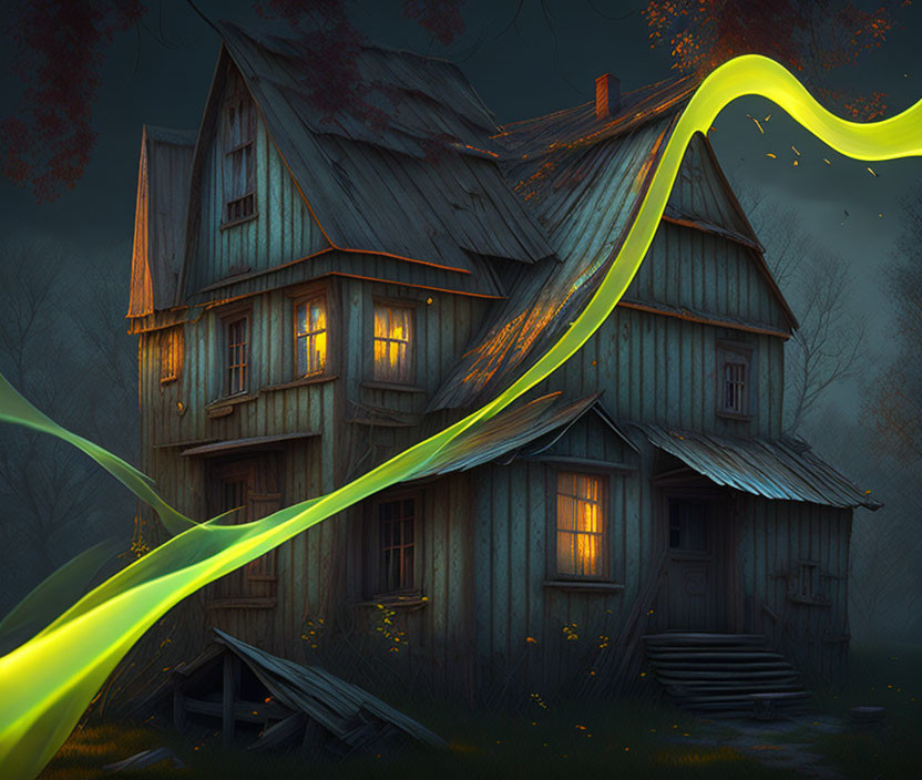 Mysterious illuminated old house at night with swirling yellow light