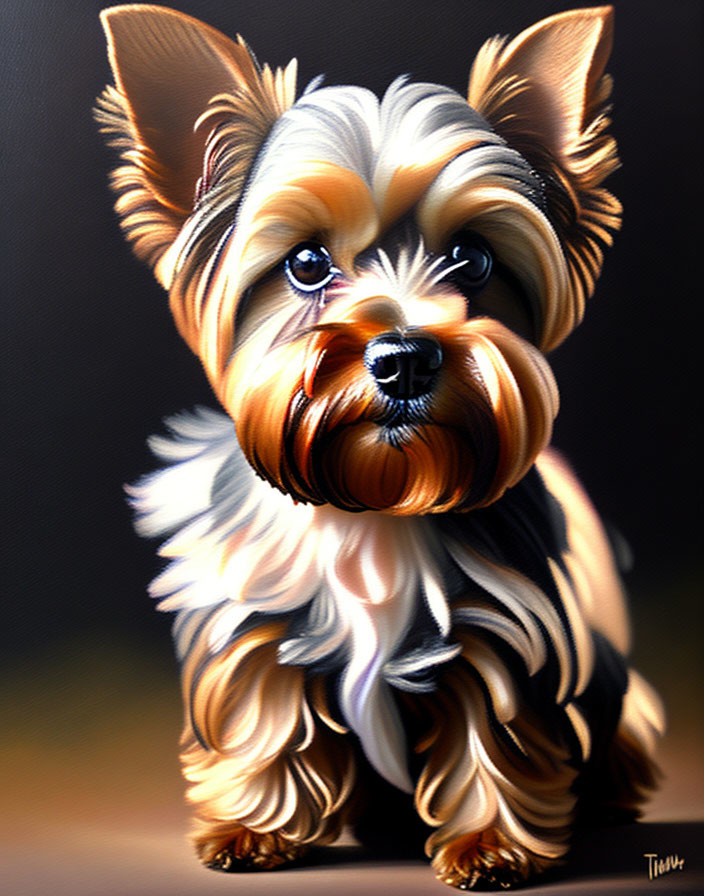 Detailed Yorkshire Terrier portrait with bright eyes and head tilt on dark gradient backdrop