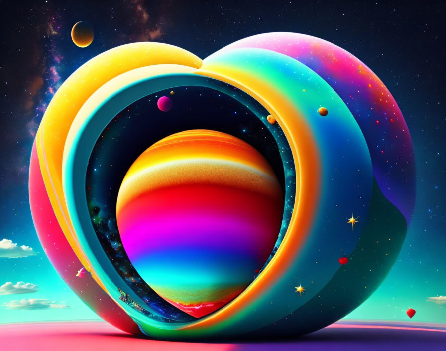 Vibrant digital artwork: Rainbow spheres in cosmic setting