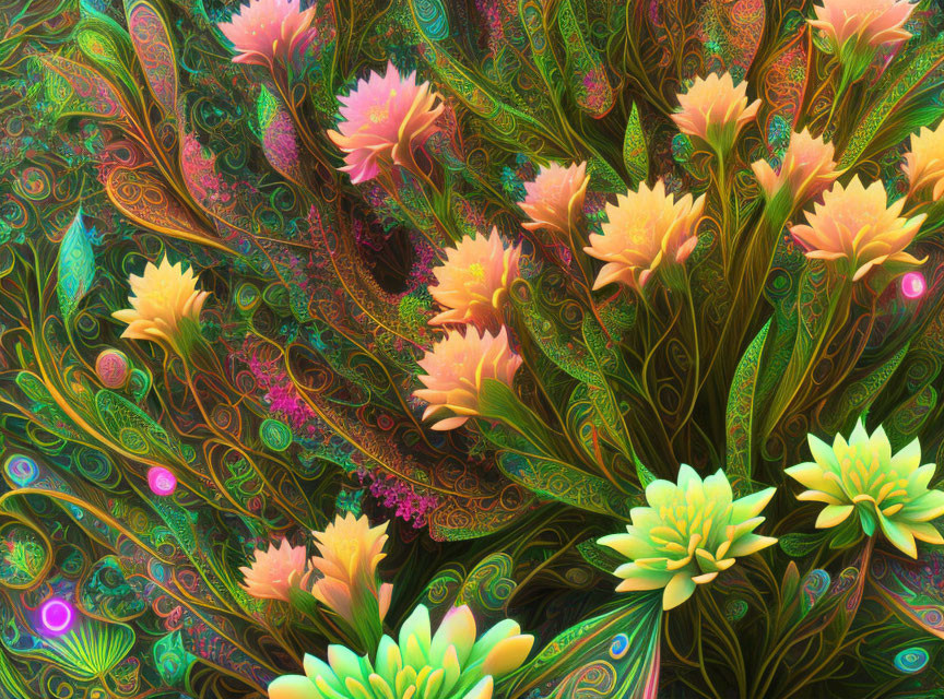 Colorful digital art featuring swirling patterns and neon flora fusion.