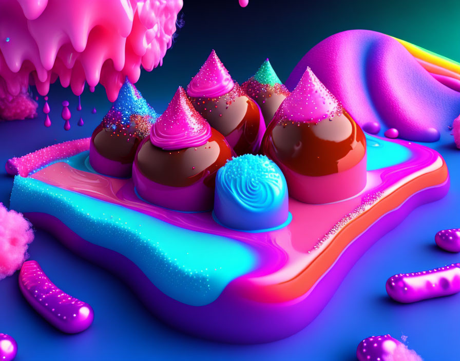 Colorful Sweet-Like Shapes on Reflective Surface with Neon Droplets