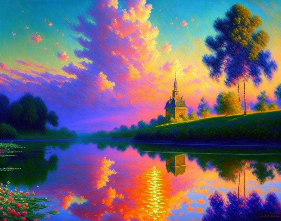 Tranquil lake sunset with pink clouds and church reflection