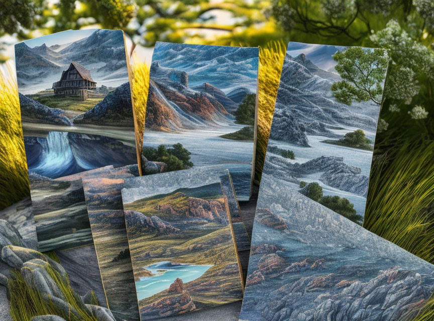 Mountainous Landscape Collage with Waterfalls, Lakes, and Wooden House