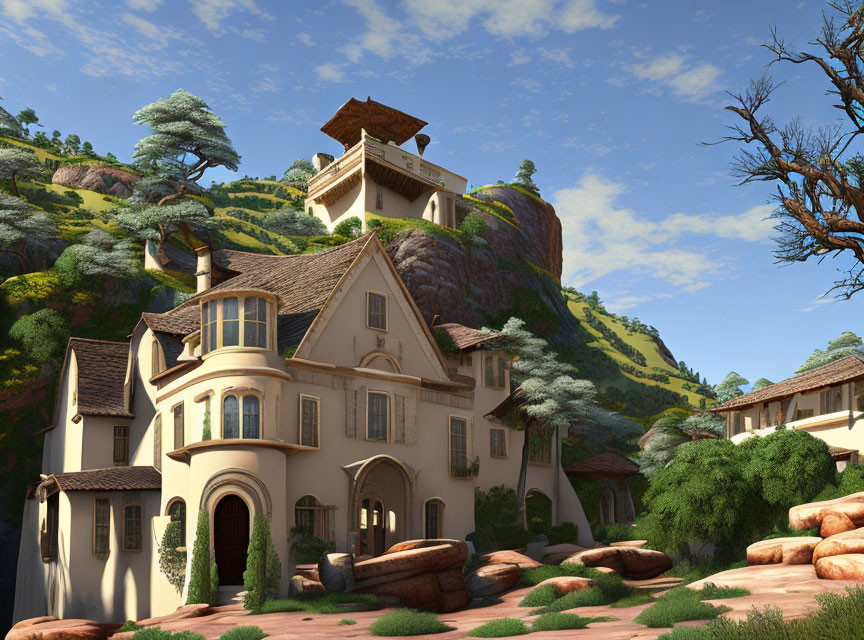 Scenic digital artwork of villa in serene landscape