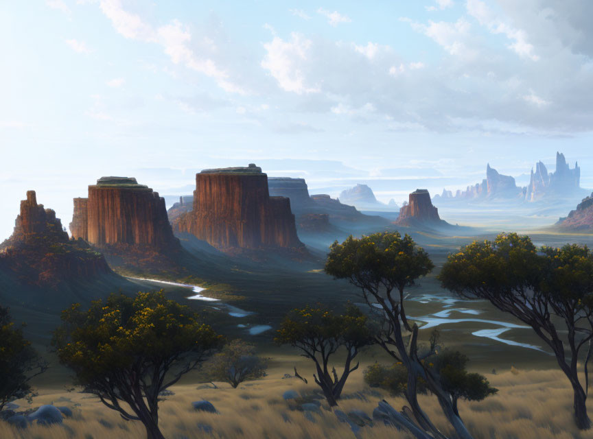 Expansive Desert Landscape with Rivers, Trees, and Buttes