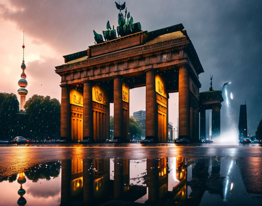 Iconic Brandenburg Gate Night View with Reflections and Fernsehturm Tower in Rainy Weather