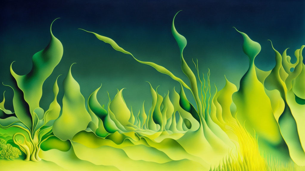 Vibrant surreal painting with green flame-like shapes on dark blue background