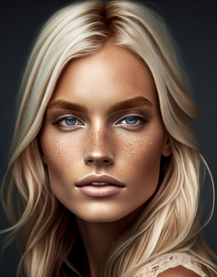 Portrait of woman with platinum blonde hair, blue eyes, freckles, subtle expression