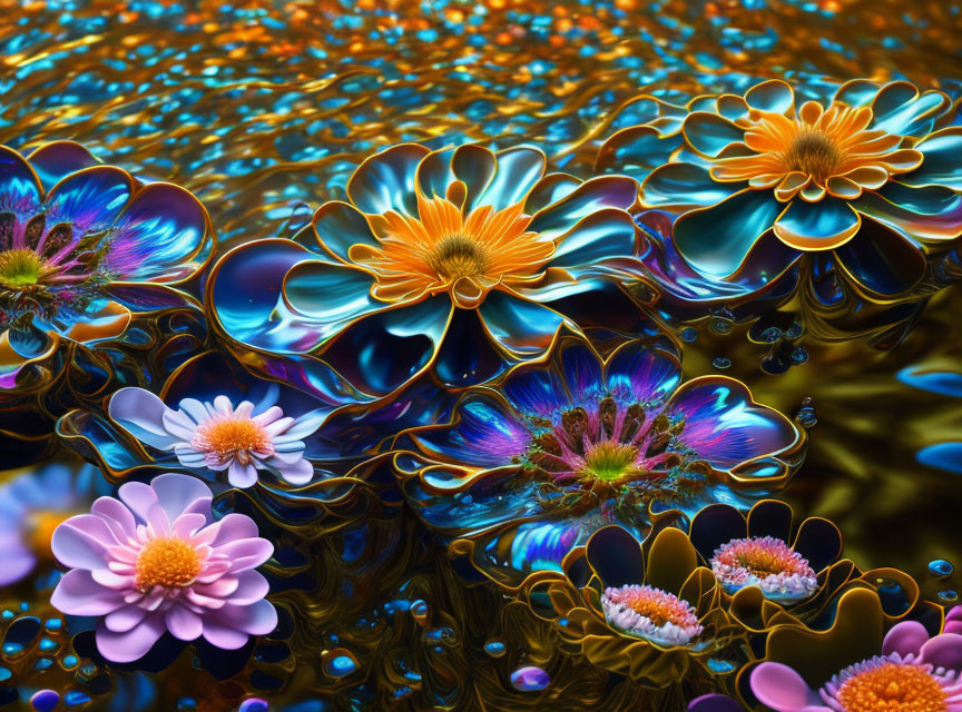 Colorful digital art: stylized neon flowers on reflective water.