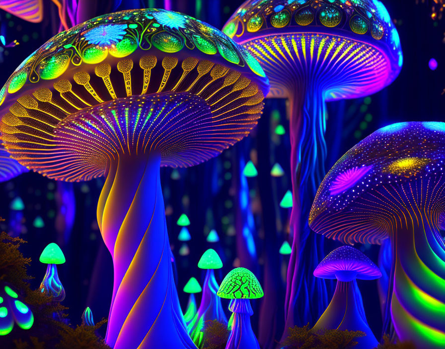 Neon-colored glowing mushrooms in fantastical forest setting