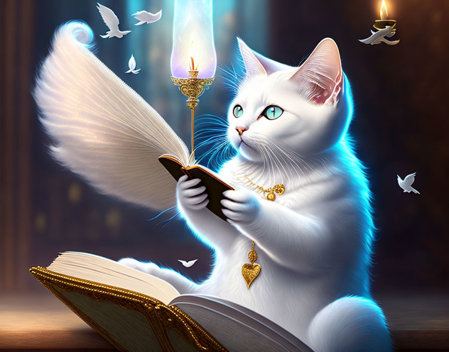 White Cat with Blue Glowing Eyes Reading Book with Feather Quill, Doves, and Candle