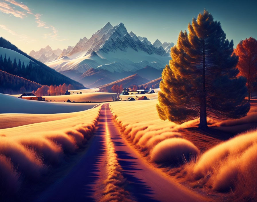 Scenic landscape with winding road, golden fields, and snow-capped mountains