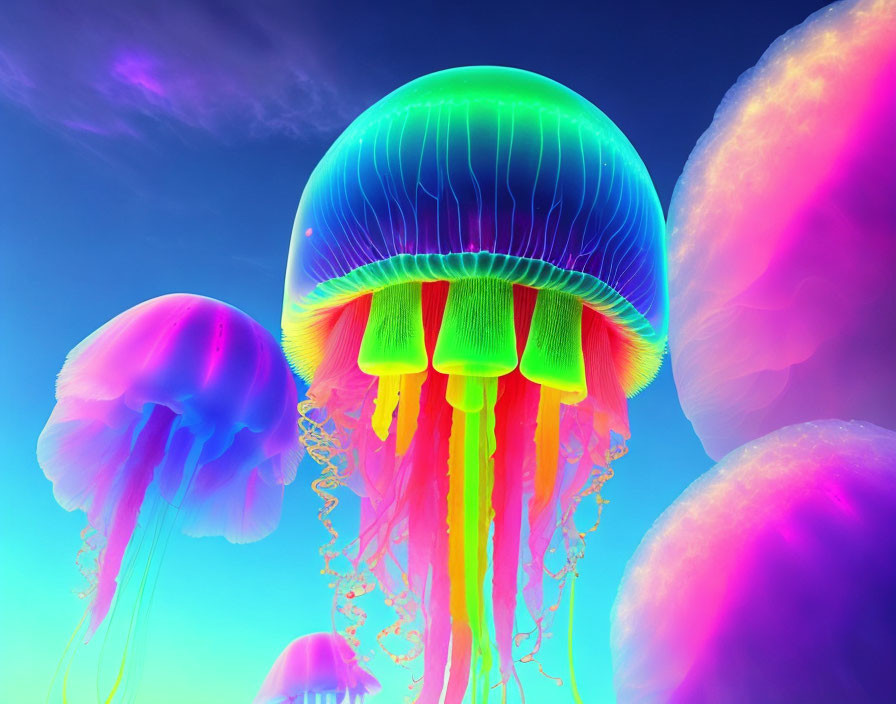 Colorful neon jellyfish on blue gradient background with luminescent bodies and flowing tentacles