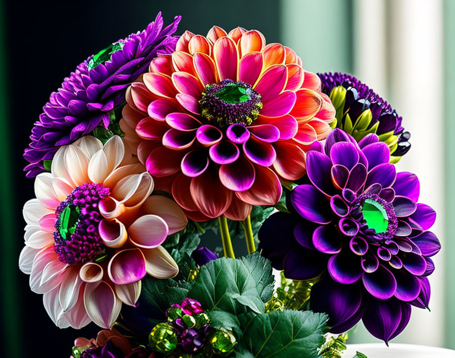 Colorful Bouquet with Purple, Orange, and Pink Flowers and Spiraled Petals